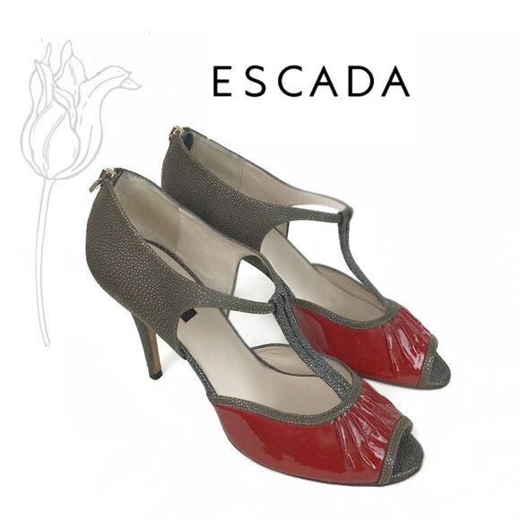 ESCADA d'ORSAY Red Patent & Stingra Peep Toe Mary Jane Heels - Picture 1 of 9